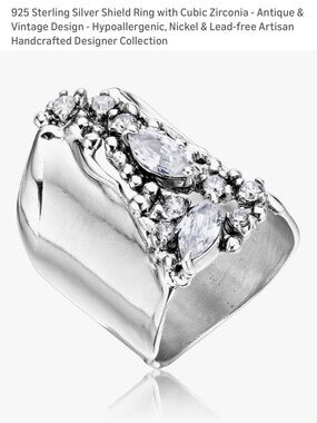 Sterling Silver Shield Ring with Clear Cubic Zirconia - Silver